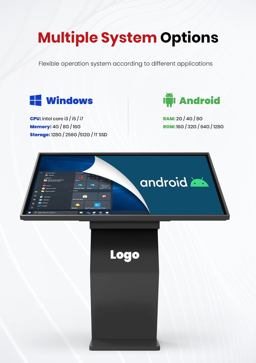 interactive kiosk display with multiple system options