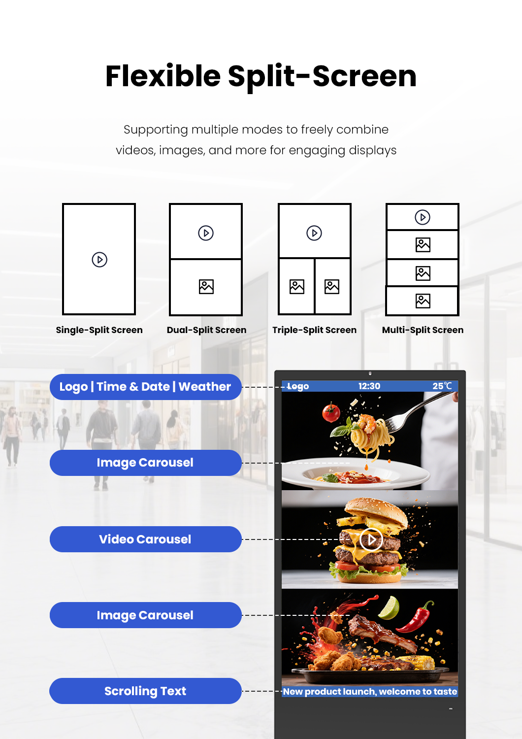 flexible split screen floor-standing digital signage