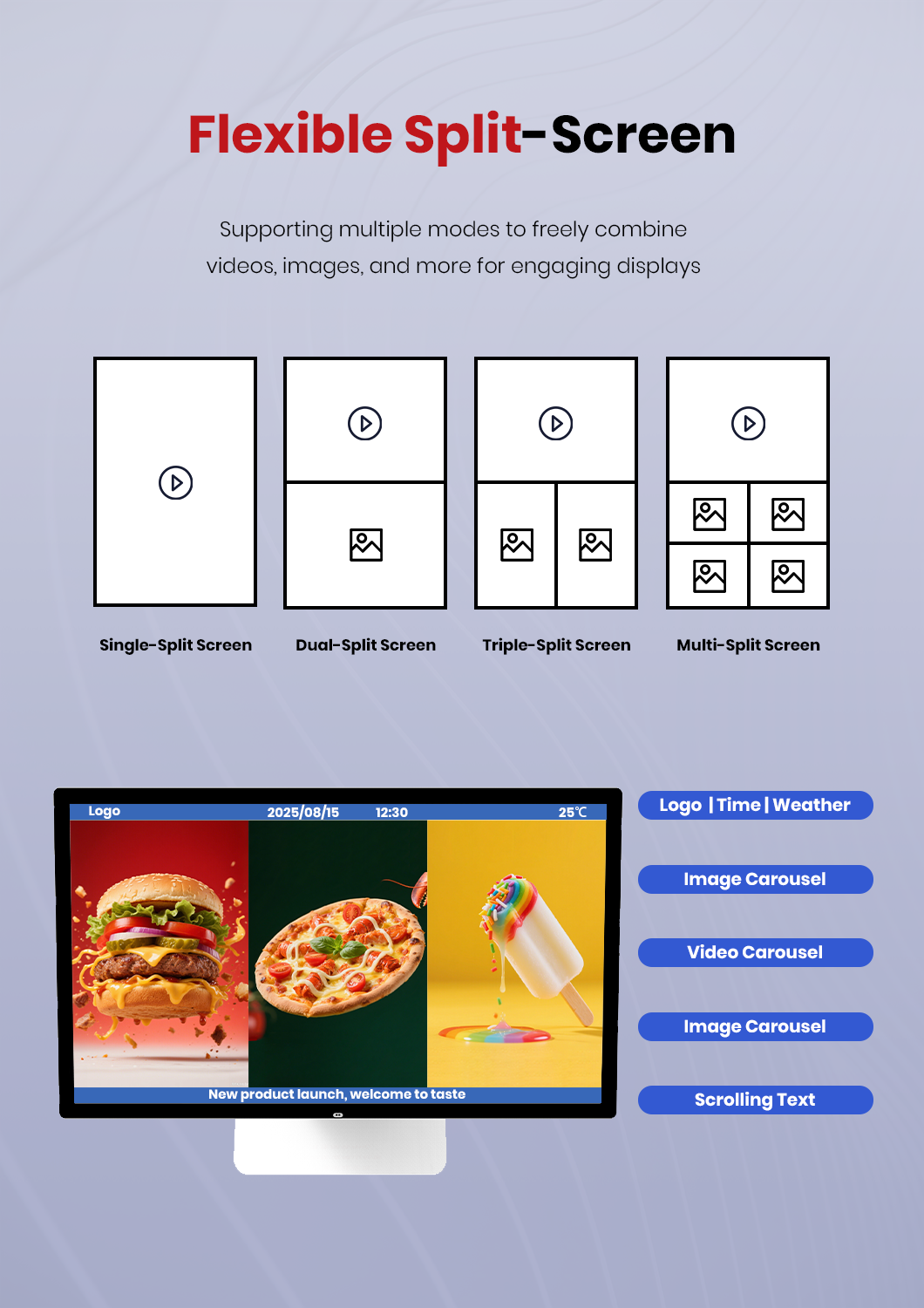 interactive kiosk display with flexible split-screen